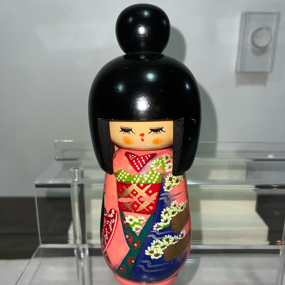 Hand-Painted Coral and Blue Japanese Kokeshi Doll Accent
